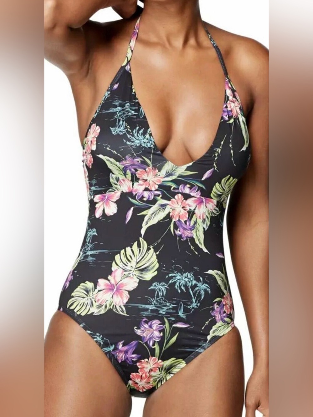 NEW SPEEDO BLACK ACID LIME FLORAL V-NECK HALTER ONE PIECE SWIMSUIT SZ 10 7734286